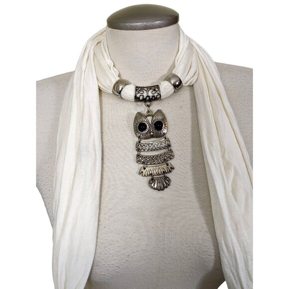 Owl Pendant Cotton Scarf Charm Neck Wrap White Fringe Tassel Fall Accessory Fun - Picture 2 of 3